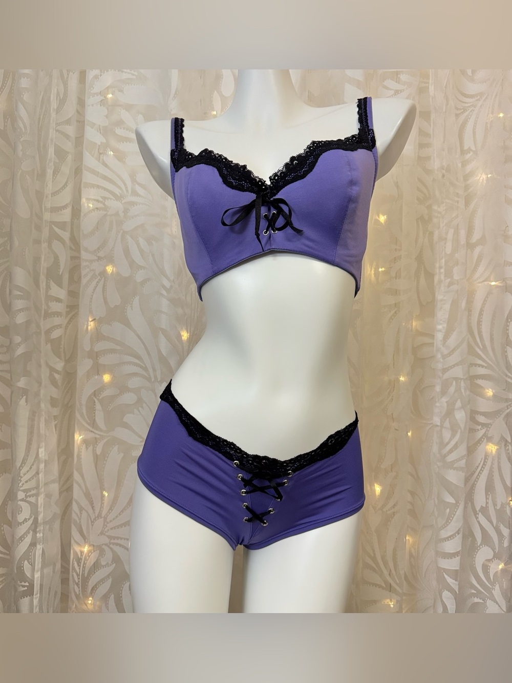 Frederick's of Hollywood Purple Bralette and Boyshort Set with Black Lace